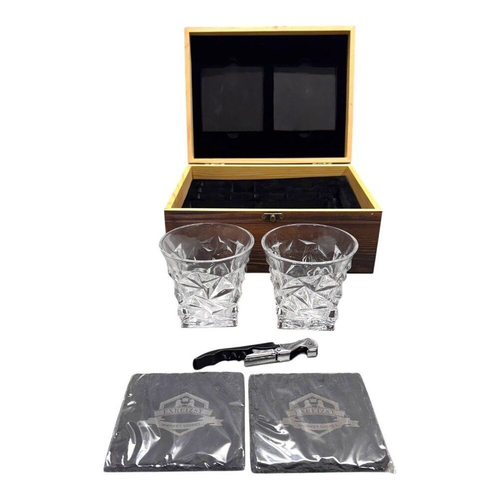 Exreizst Whiskey Stones Premium Gift Set Includes 2 Glasses 2 Slate Coasters Box
